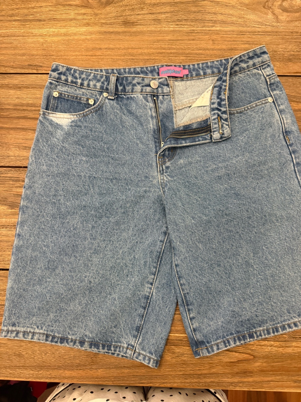 Edikted Pink Logo Light Blue Denim Shorts